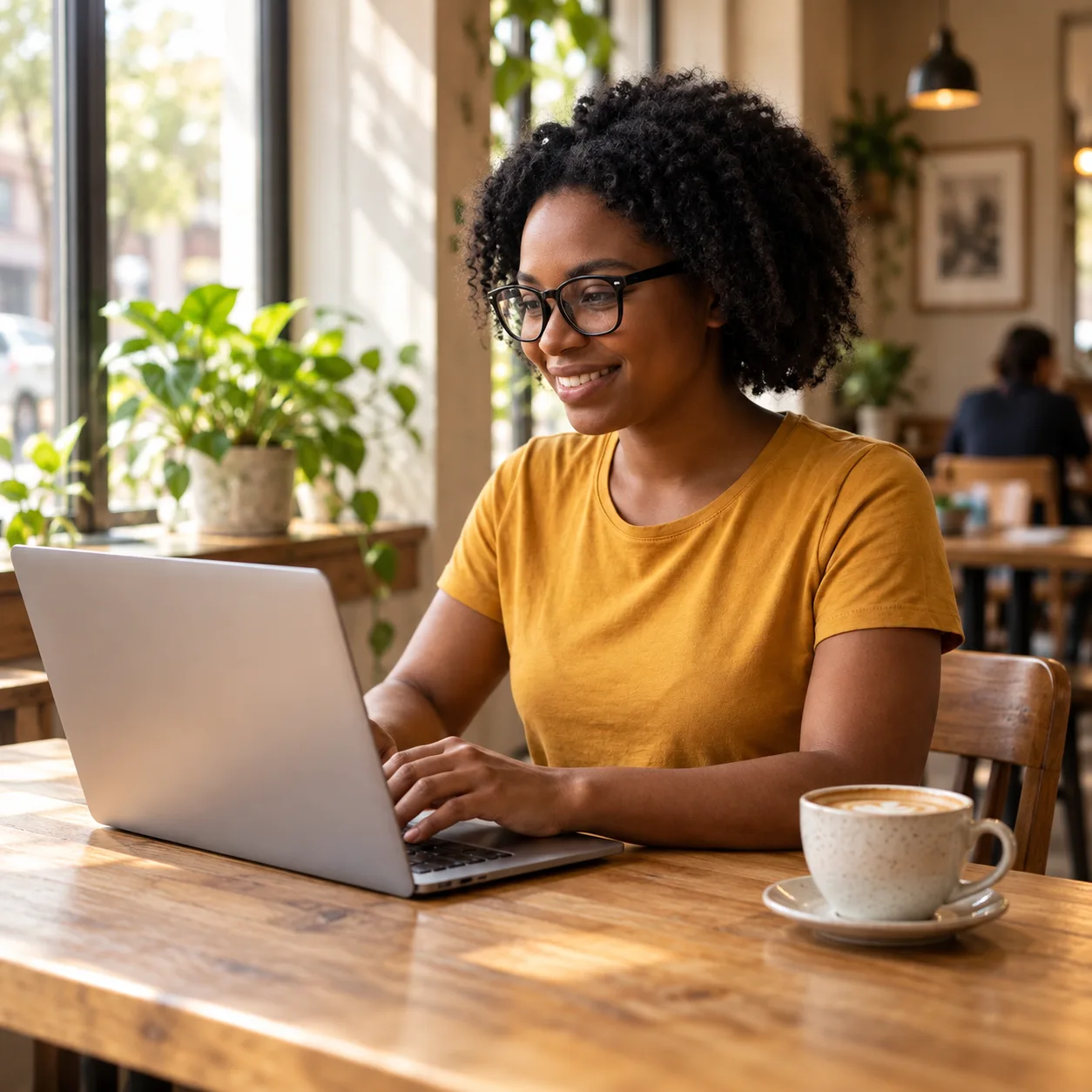 A learner working on her laptop at a neighborhood café