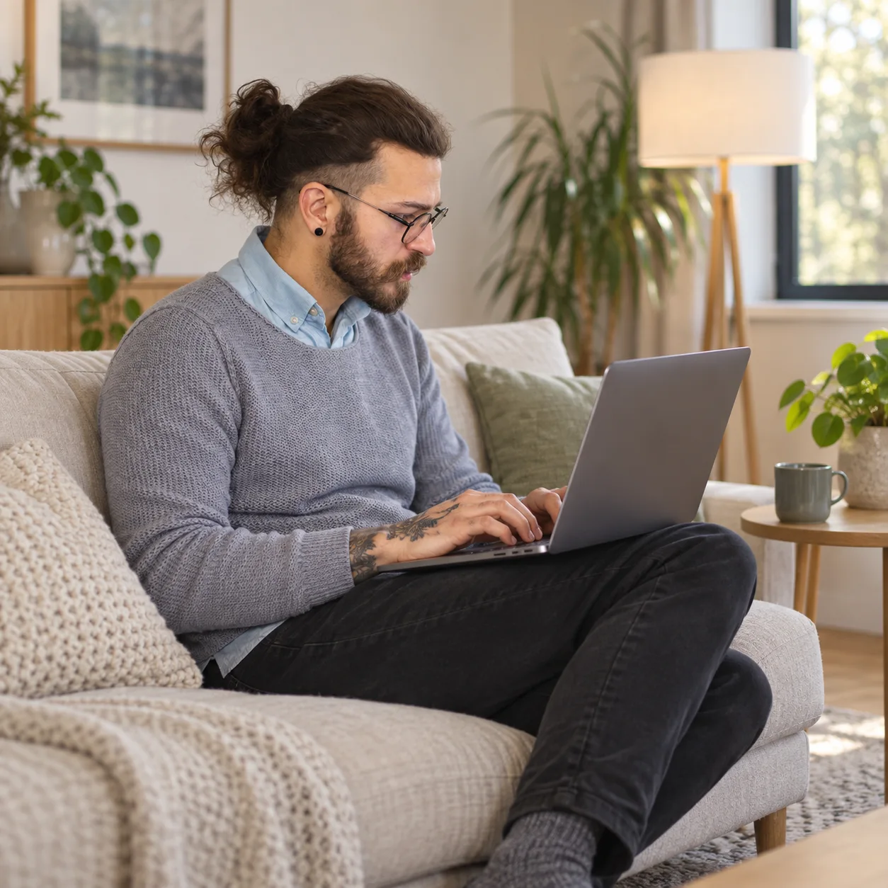 A learner with glasses working on his laptop from a living room sofa